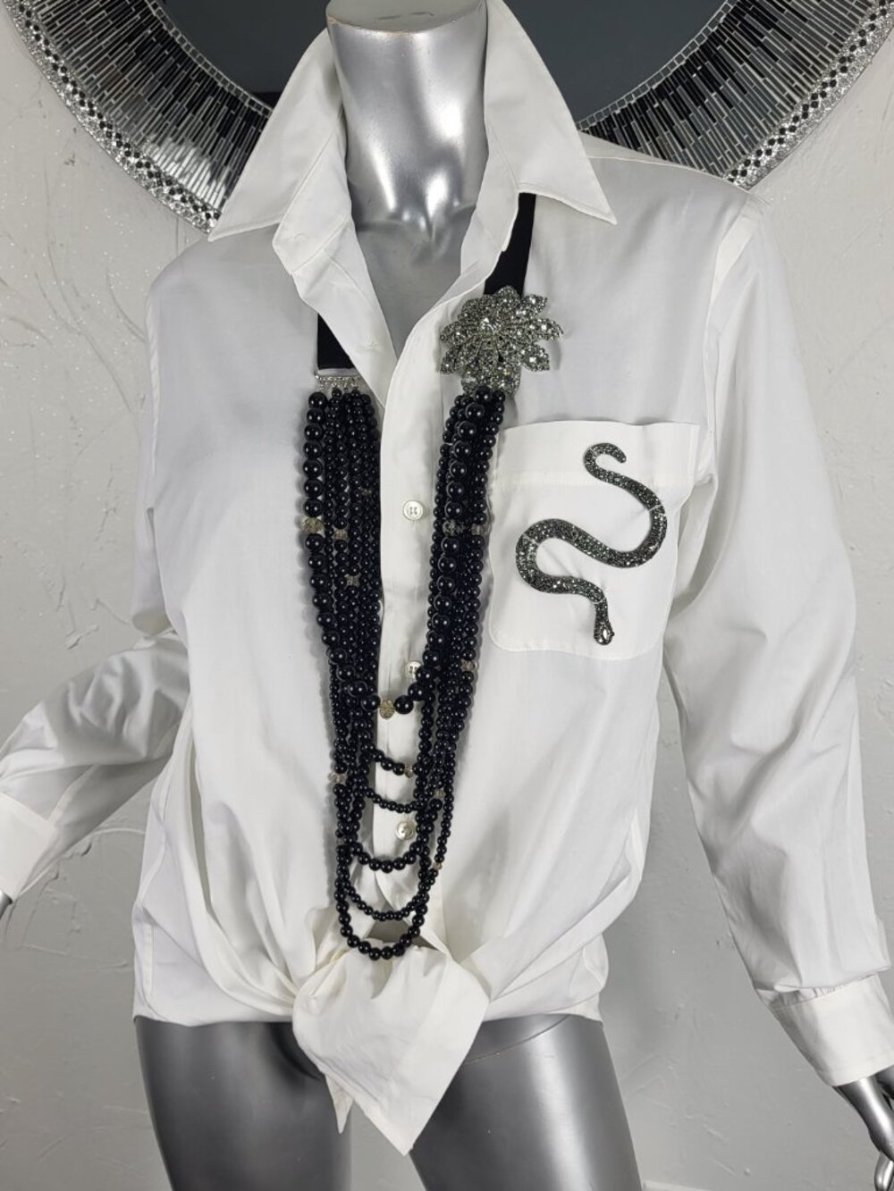 NWT~$525~HAUTE HIPPIE~L~WHITE EMBELLISHED RHINESTONE NECKLACE SHIRT TOP BLOUSE